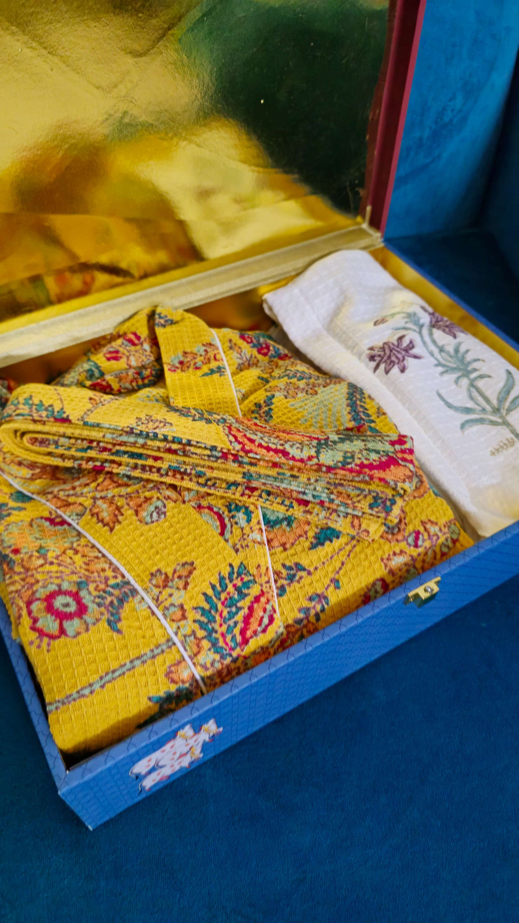 Handblock Waffle Cotton Bathrobe and Towel set