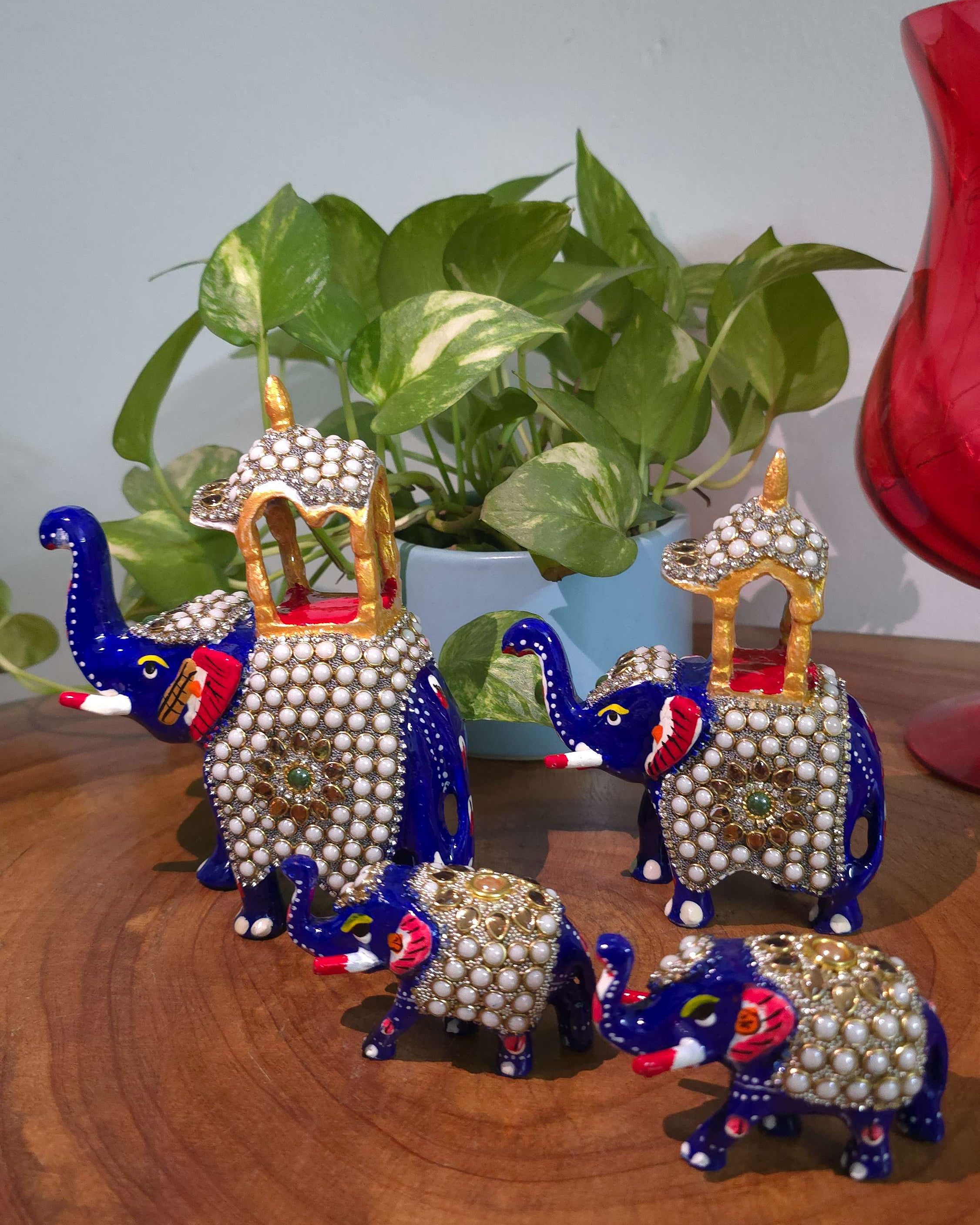 Handcrafted Meenakari  Elephant Statue with pearl work set of 4