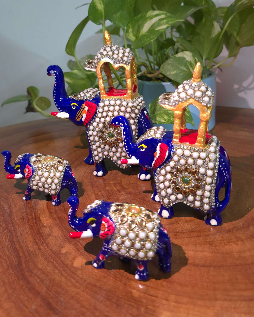 Handcrafted Meenakari  Elephant Statue with pearl work set of 4