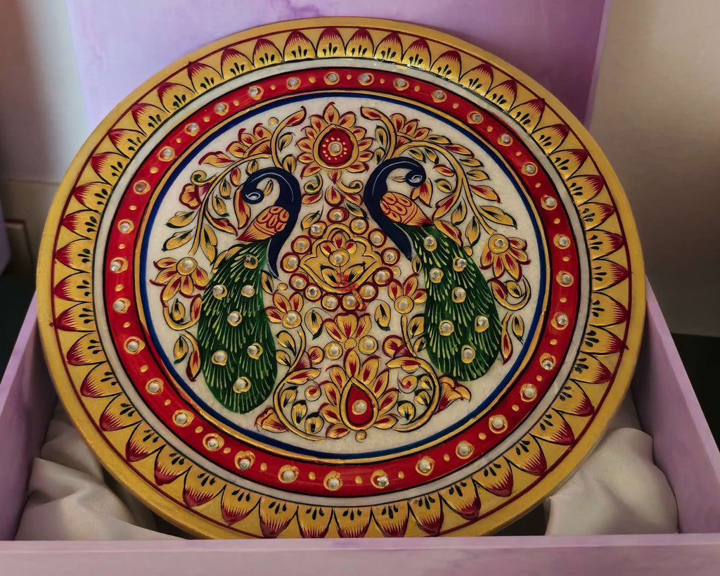 Traditional Peacock, Gold Leaf 9 Inch Marble Decorative Plate with Stand