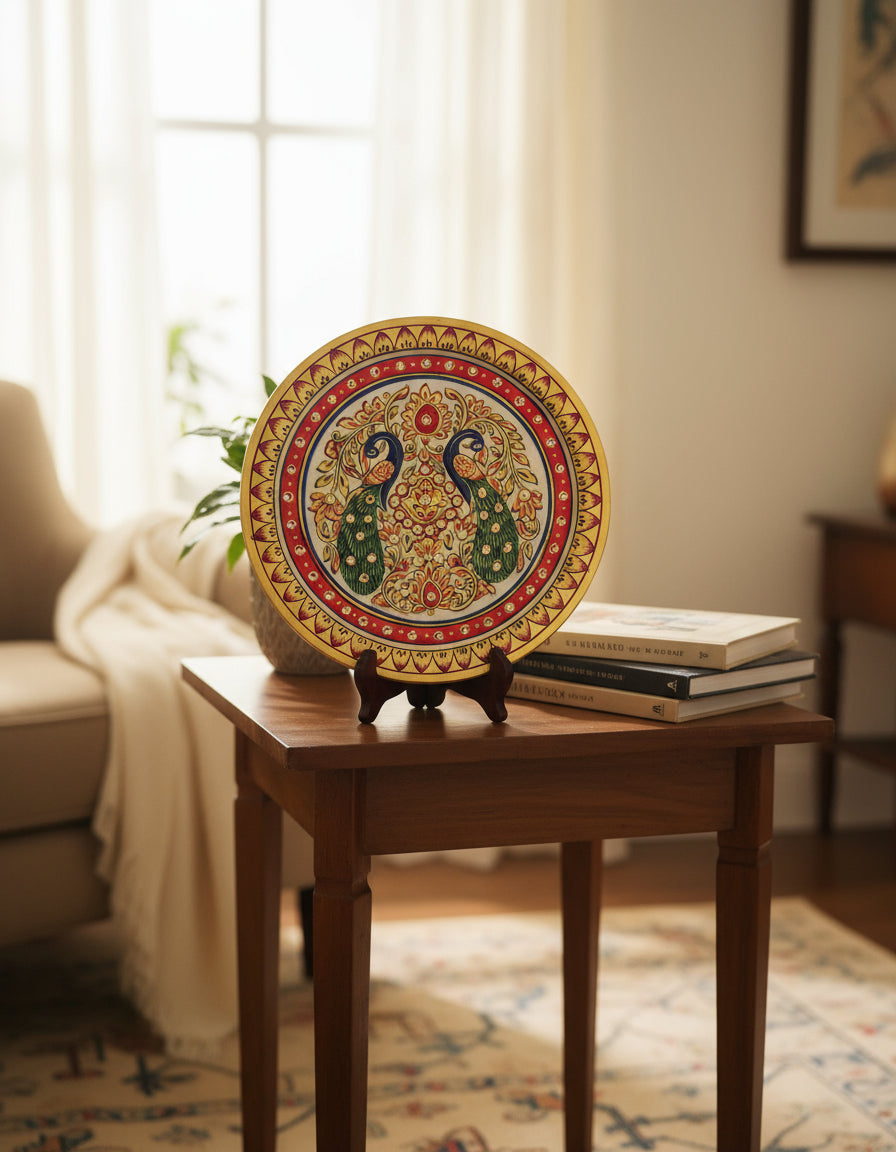 Traditional Peacock, Gold Leaf 9 Inch Marble Decorative Plate with Stand
