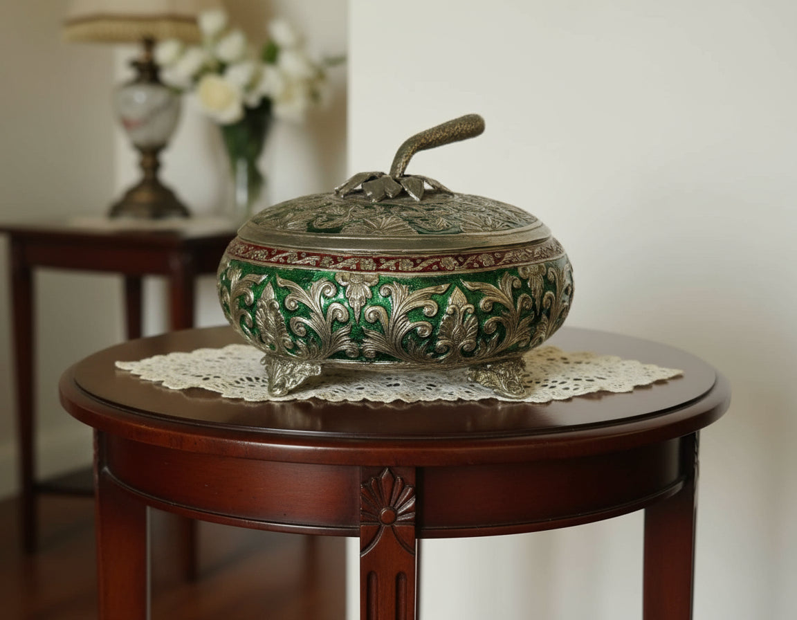 Silver finish Meenakari work Vintage Hand engraved  Box with handle