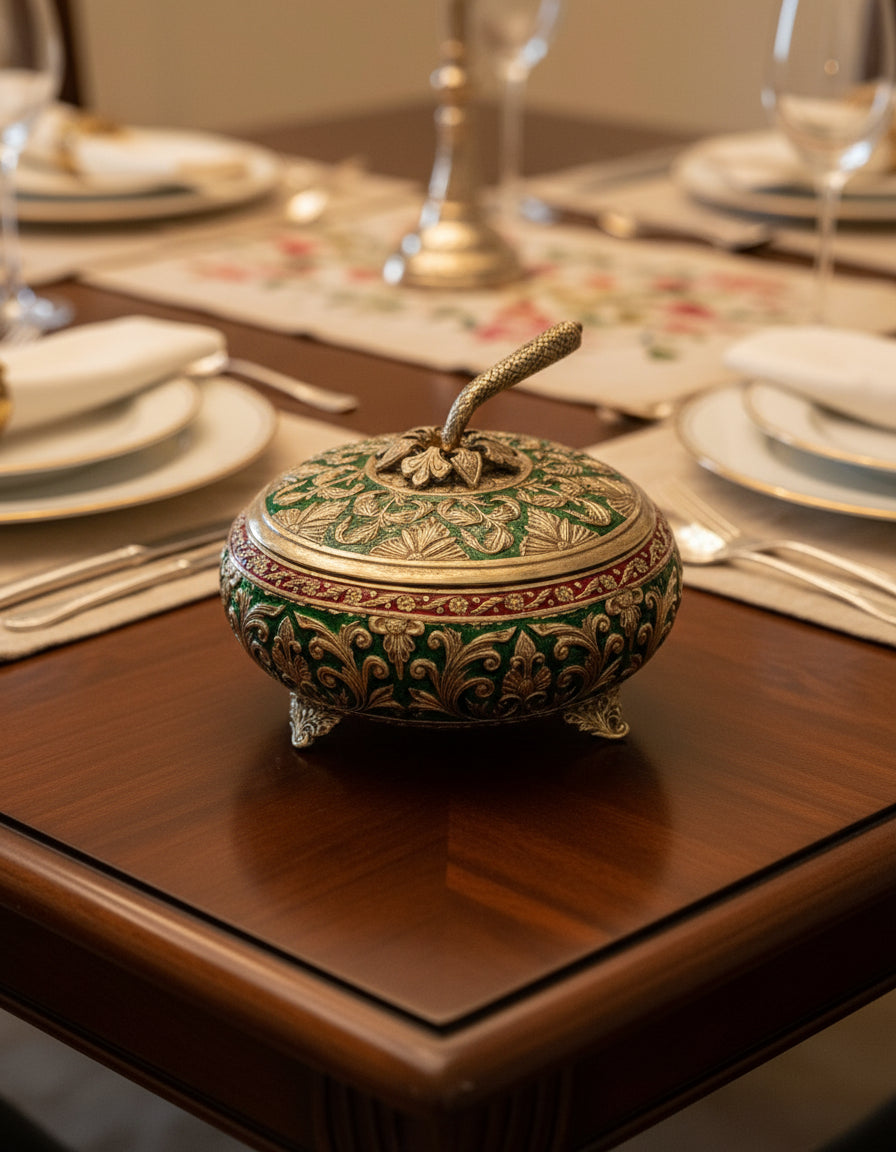 Silver finish Meenakari work Vintage Hand engraved  Box with handle