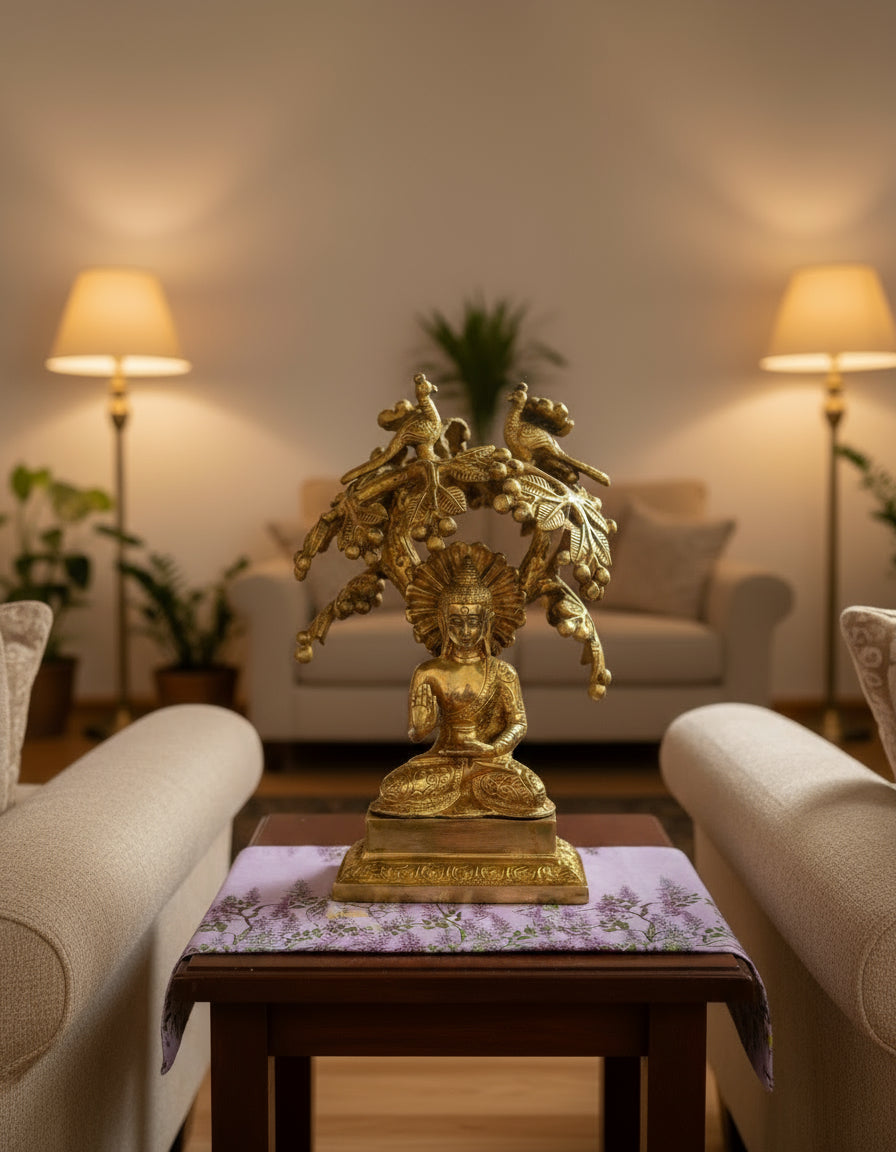 Brass Metal Blesssing Buddha Statue under Bodhi tree with birds