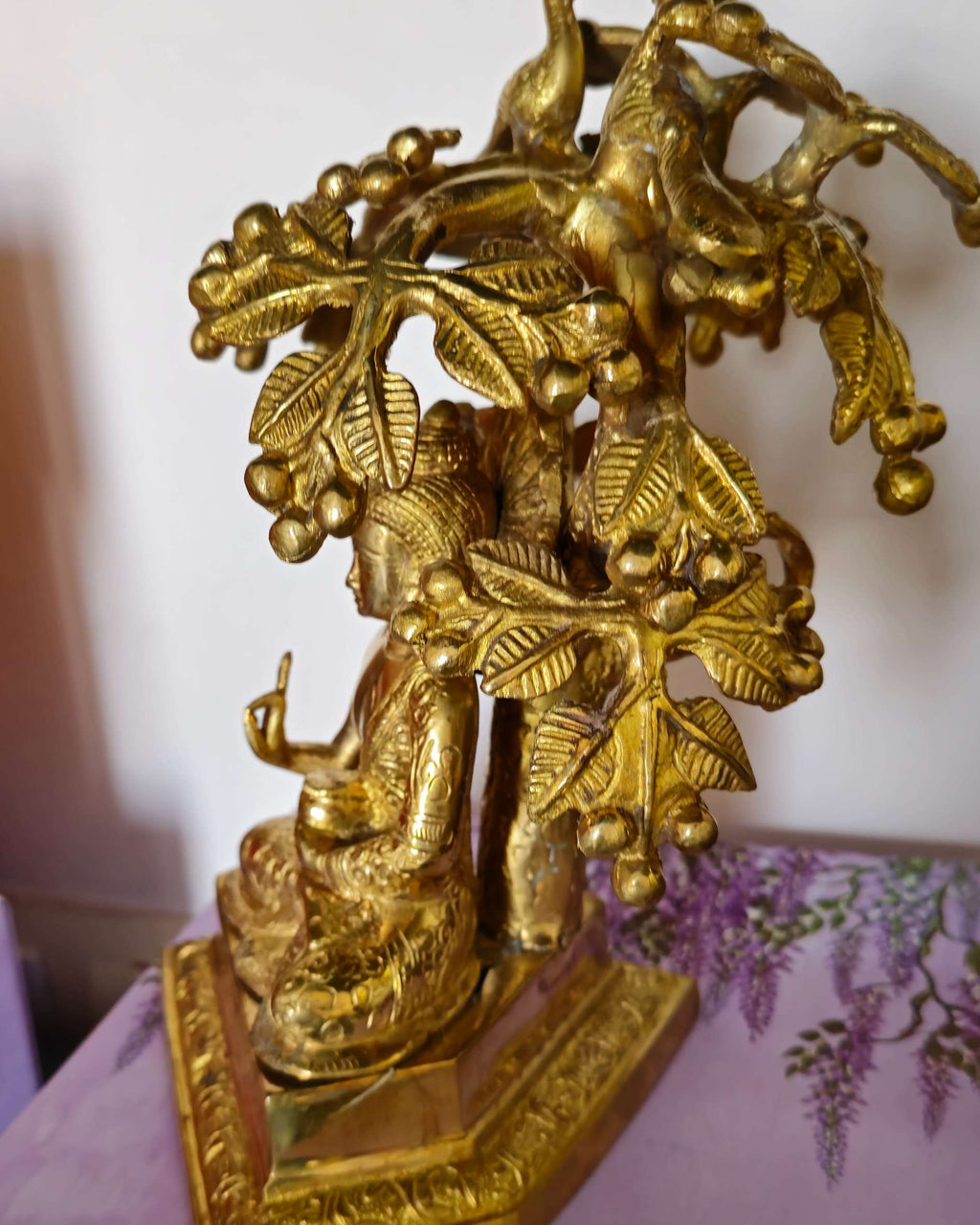 Brass Metal Blesssing Buddha Statue under Bodhi tree with birds