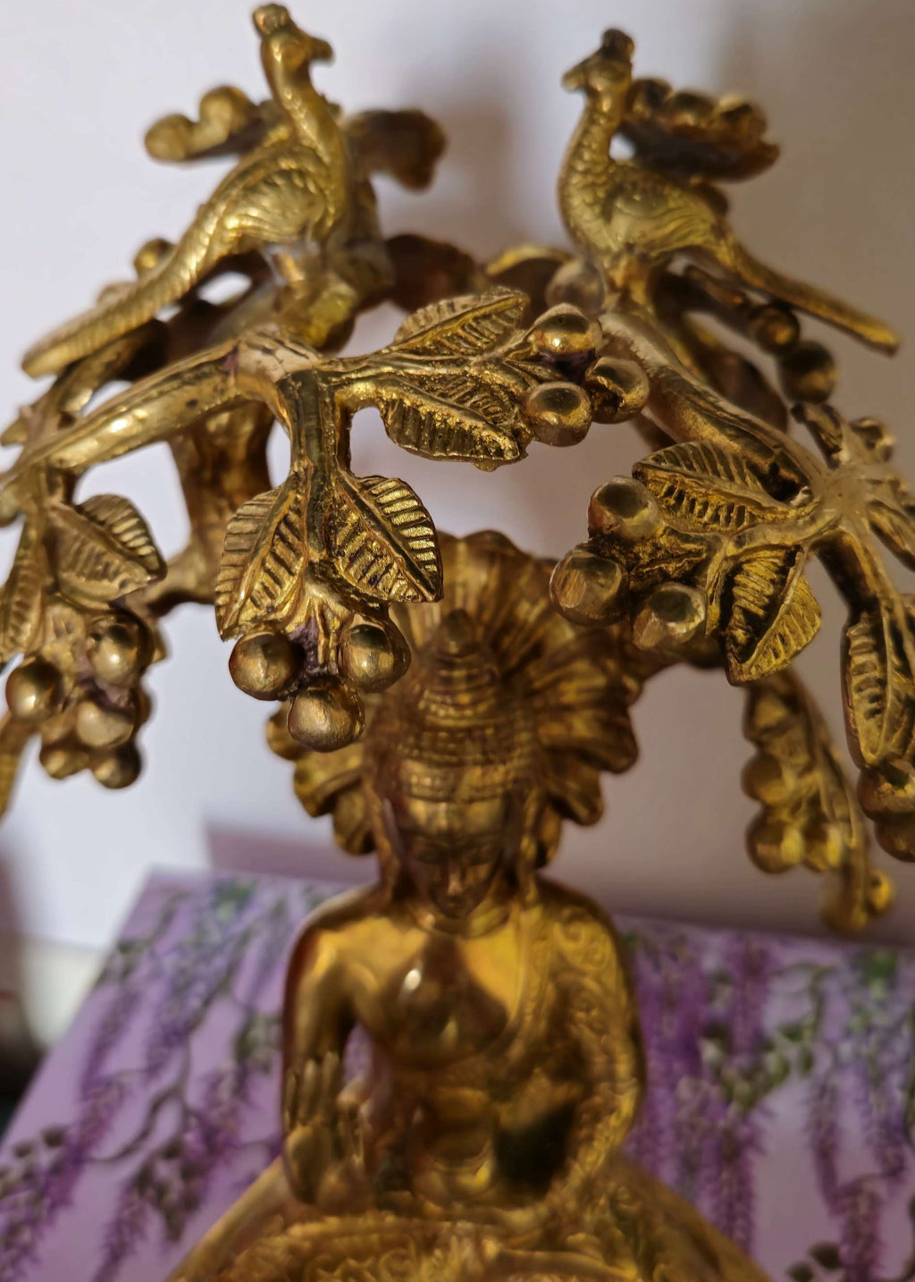 Brass Metal Blesssing Buddha Statue under Bodhi tree with birds
