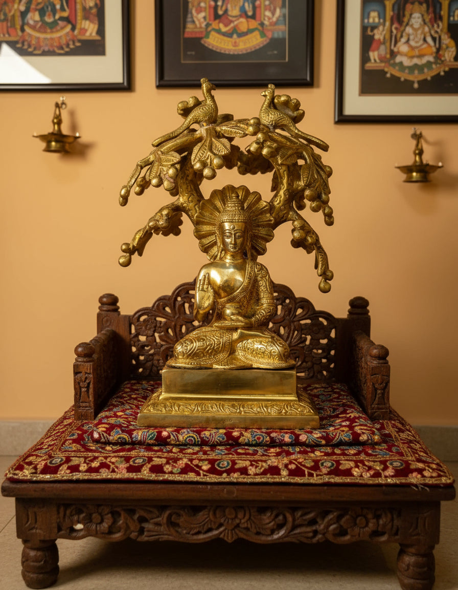 Brass Metal Blesssing Buddha Statue under Bodhi tree with birds
