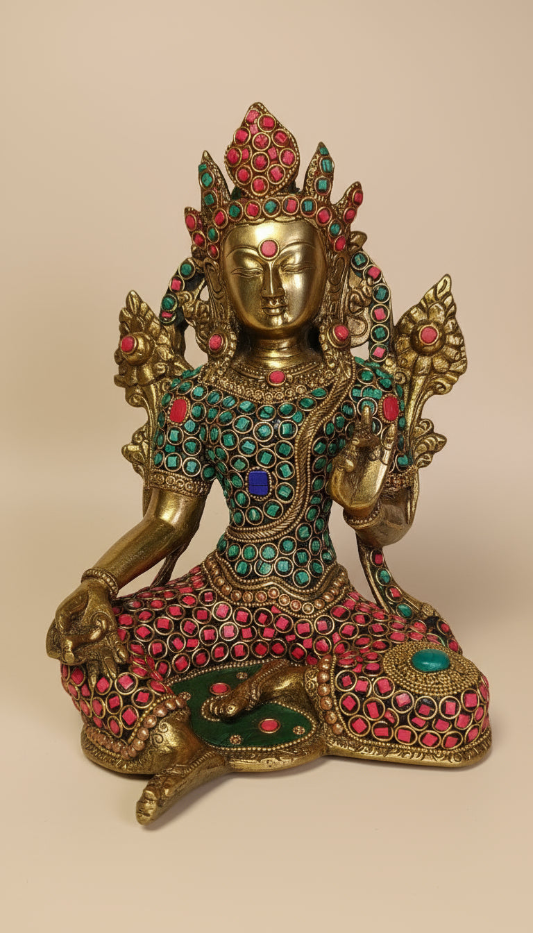 Brass Metal Blesssing Maa Tara Statue with Stone work