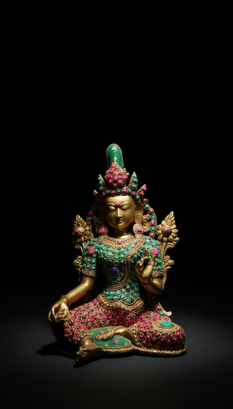 Brass Metal Blesssing Maa Tara Statue with Stone work