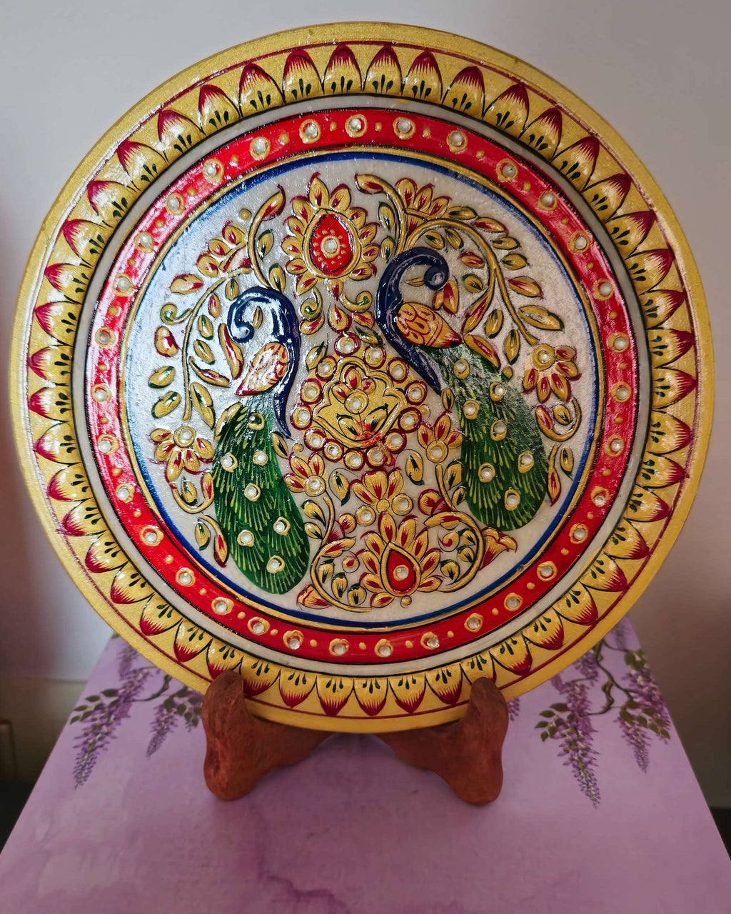 Traditional Peacock, Gold Leaf 9 Inch Marble Decorative Plate with Stand